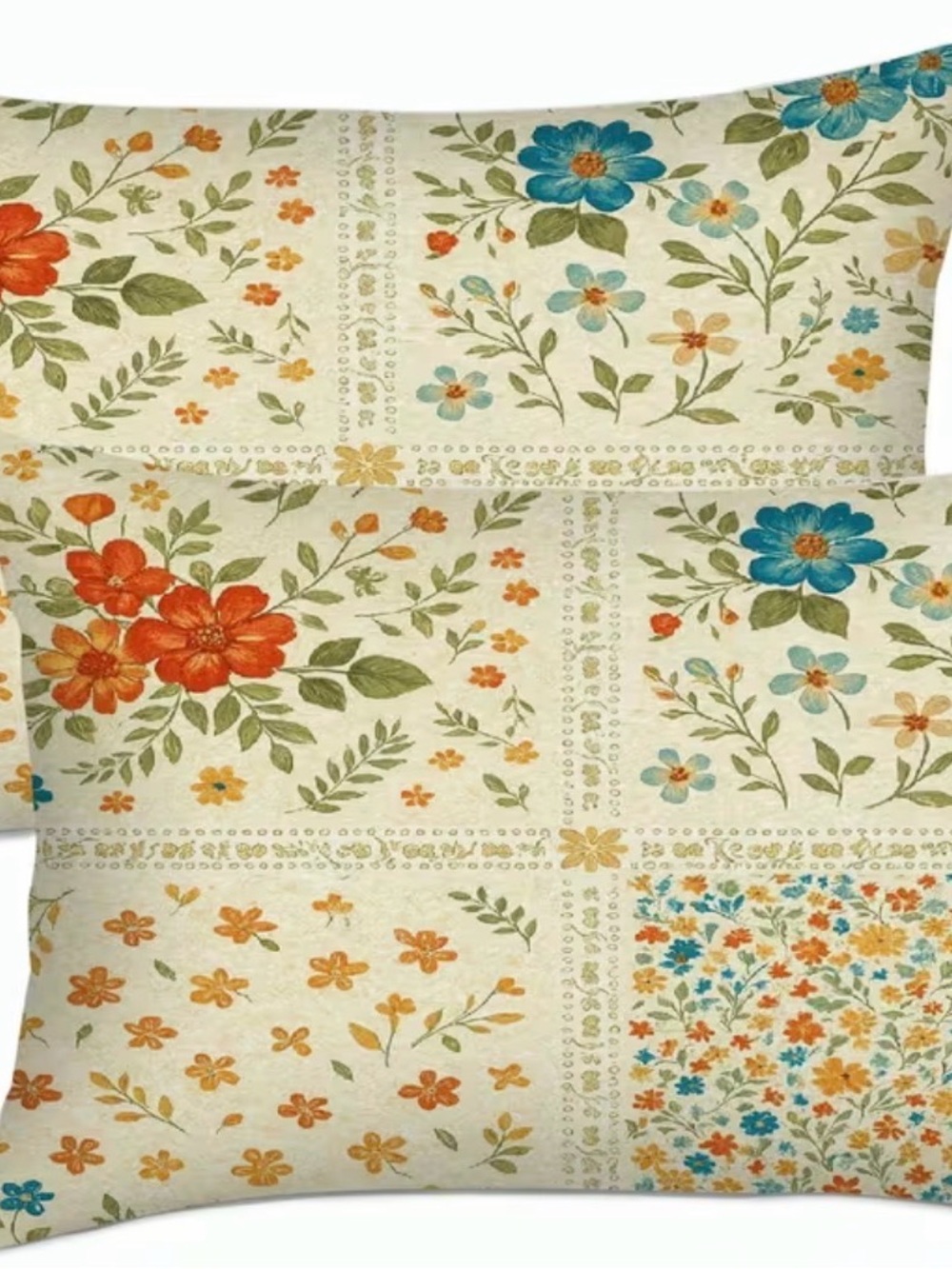 Floral Patchwork Decorative Pillow Cover - Cream, Orange & Blue